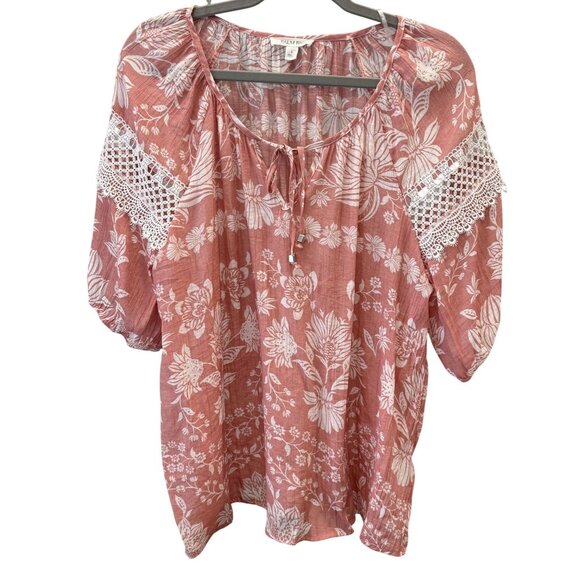 Palm Rio Womens Floral Peasant Blouse L Pink White Lace 3/4 Sleeves Flowy - Picture 1 of 6